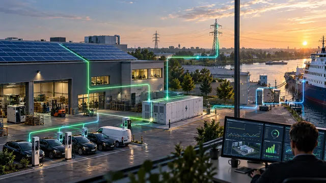 Bedrijfsterrein bij zonsondergang met zonnepanelen, een batterijcontainer, laadpalen en voertuigen, hoogspanning en een schip aan de kade; groene en blauwe lijnen verbinden de assets, met op de voorgrond iemand achter energiedashboards