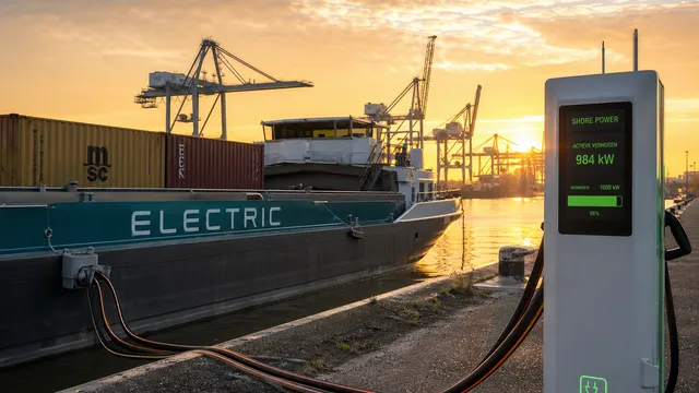 Electric inland shipping at the quay with shore-power connection